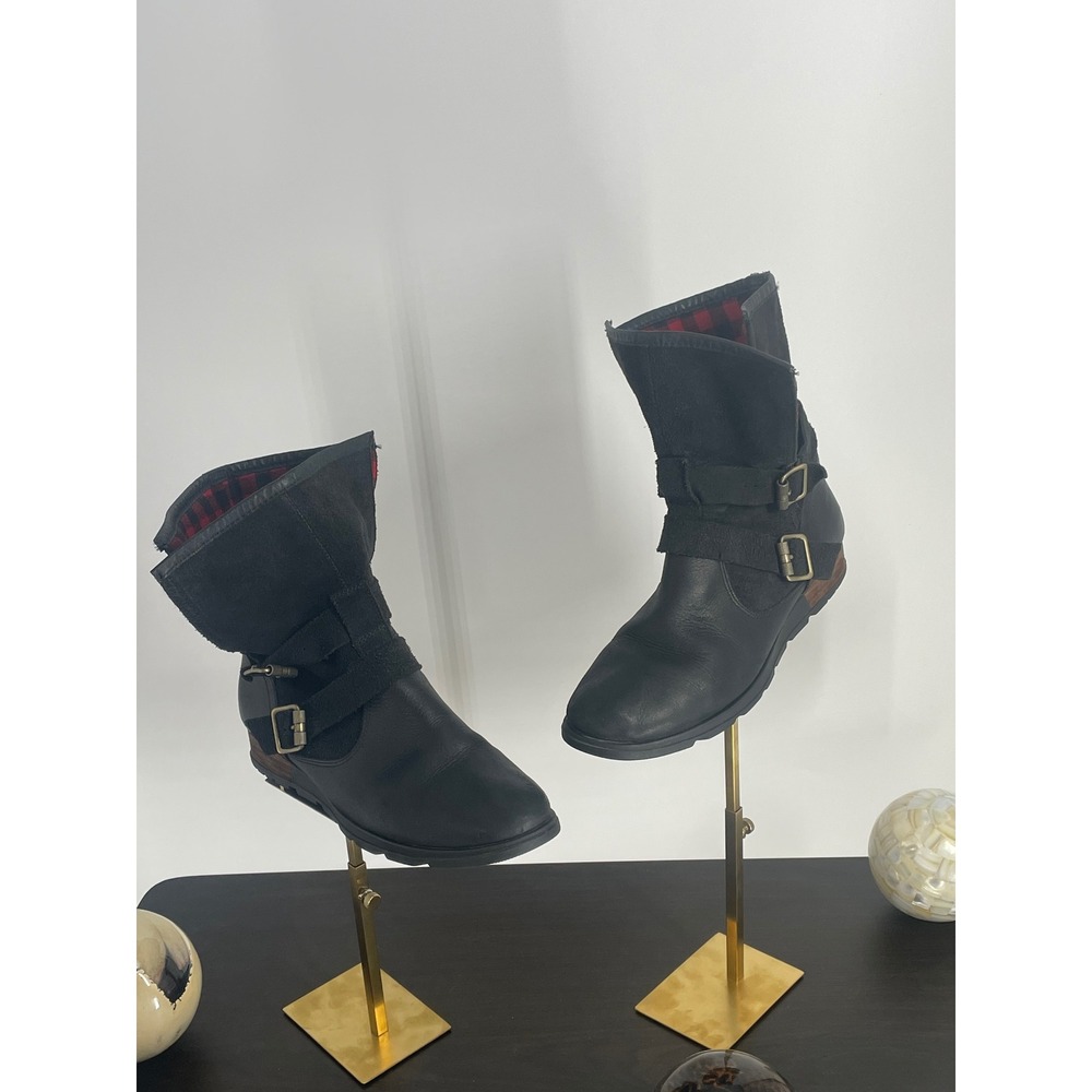 Sorel Major Moto Black Leather Plaid Lined Buckle Boots Women's Size 11